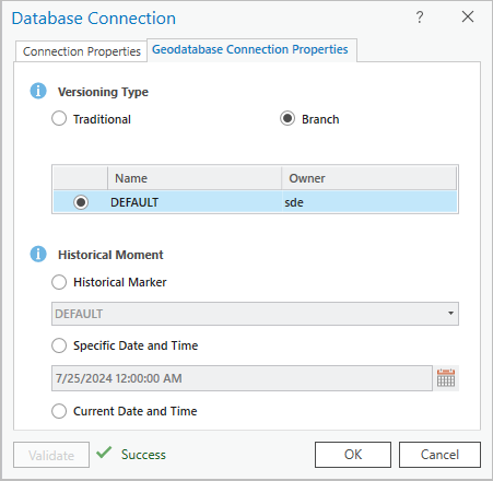Database Connection dialog box with Branch versioning selected Database Connection dialog box with Branch versioning selected